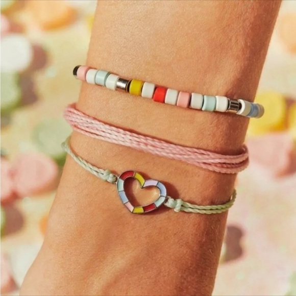 Pura Vida Bracelet Bundle Combo Sweetheart Set, Heart Charm Heshi Beads Colorful - Picture 1 of 12